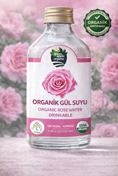 GREEN APPLE Organik İçilebilir Saf Gül Suyu (200 gr / Cam Şişe)