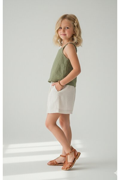 nk kids Linen Woven Girl's Crop Blouse and Elastic Waist Shorts Set
