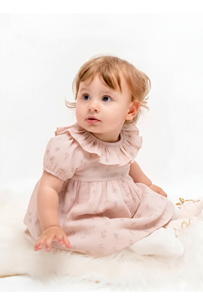 Cassiope Fırfır Yakalı Baskılı Müslin Kız Elbise 6-18 Ay