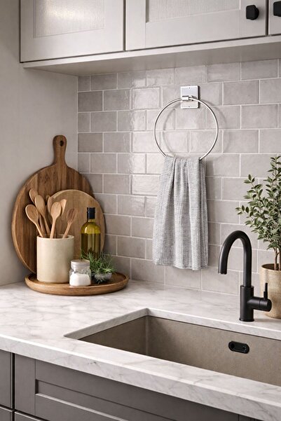 KARTEYA Yapışkanlı Gümüş Yuvarlak Havluluk Banyo Mutfak Havlu Askılık