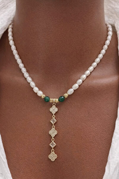 elinasaccessories Gerçek İnci Kolye Altın Kaplama Yeşil Doğal Taşlı Zirkon Yo...