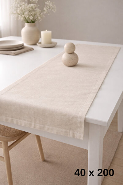 MZN Home Düz Sade Kenar Bej Keten Runner 40x200 cm – %100 Doğal Pamuk