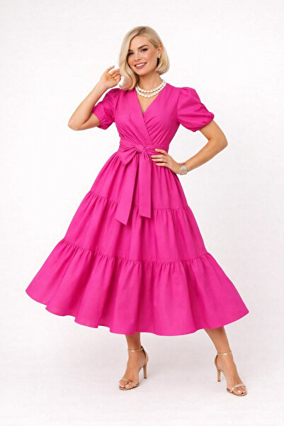 ALYEL NAKER Midi Length Light Fuchsia Taffeta Dress with Ruffles & Double-Bre...