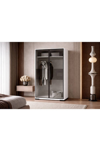 VM VERTEX MOBİLYA Floransa Alüminyum Cam Kapak 2 Kapılı Beyaz-Antrasit Gardırop
