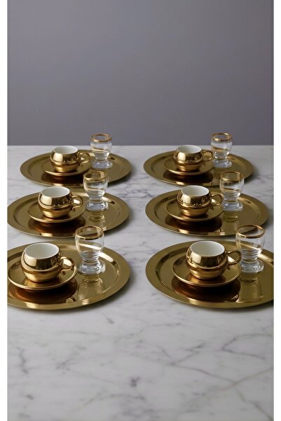 SİNİ Paslanmaz Çelik 6 Adet Yuvarlak Lüx Gold Kahve, Çay Sunum Servis Tepsisi