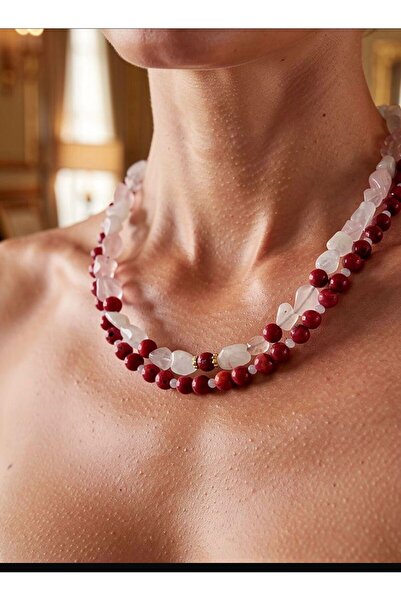 KARE ACCESORIES Pembe Kuvars - Mercan Doğal Taş Kolye
