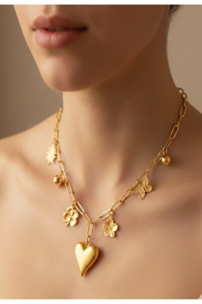 KANERUZ Gold Renk Kalp ve Çoklu Sallantı Figürlü Çelik Kolye (Zincir Uzunluğu...