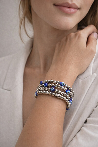 Kutcha Accessories Multiple Wrapped Silver Evil Eye Bead Bracelet