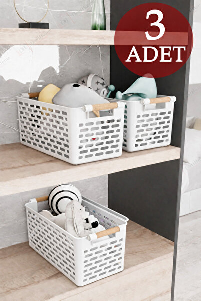 DOVİHOME 3 Adet Beyaz Sepet Ahşap Görünümlü Tutamaçlı Çok Amaçlı Sepet Organi...