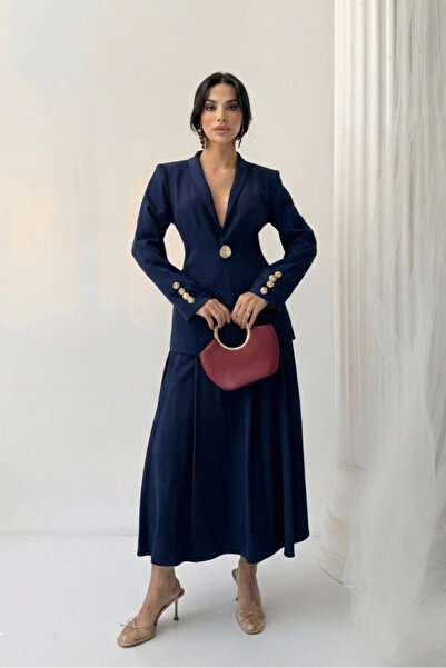 Potenza Set dublu pentru femei, cu detaliu elegant cu nasturi, cu guler ridic...