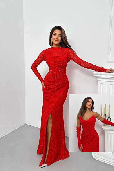 İyem Abiye Bolerolu Ve Kollu Dantel Desenli Taşlı Şık Tasarım Abiye Elbise Ya...