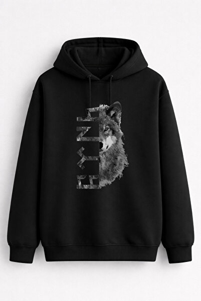 ocke Turkish Bozkurt Wolf Printed Unisex Black Hooded Sweatshirt Hoodie