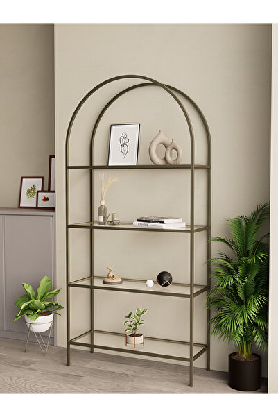 Dekoport 4 Raflı Camlı Kitaplık Prinç Eskitme Rengi Ayak Temperli Şeffaf Cam