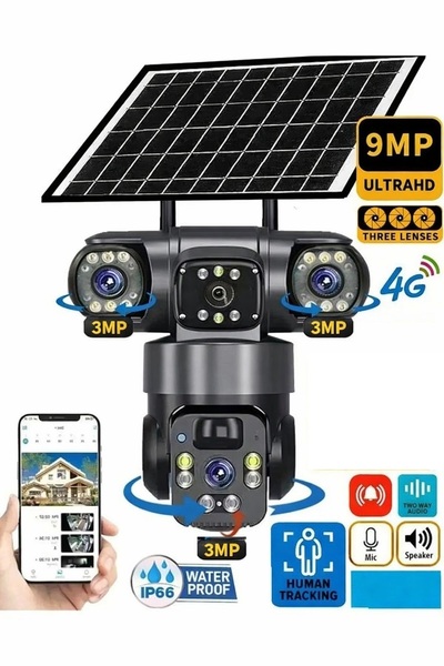 TRCharger 9MP 3 Lensli SIM + Güneş Enerjili PTZ Kamera - Gece Görüş, Sesli, 7...