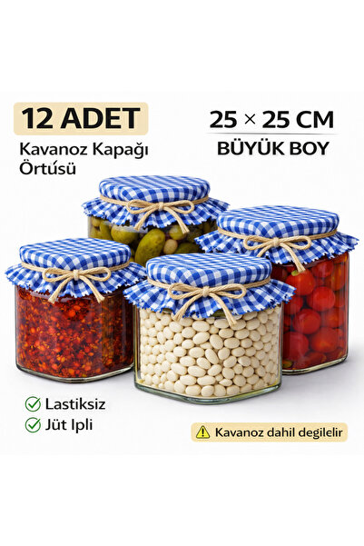 senmasy Büyük Boy Kare Kavonoz Örtüsü 25*25 cm -Jüt İpli Pötikare Desen -12 A...