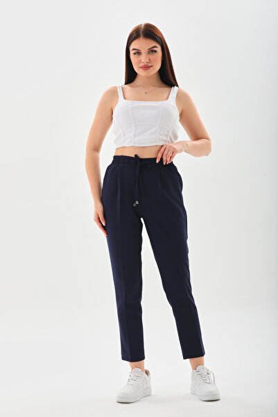 H&A İSTANBUL Γυναικείο παντελόνι καρότο με ελαστική μέση σε μπλε ναυτικό