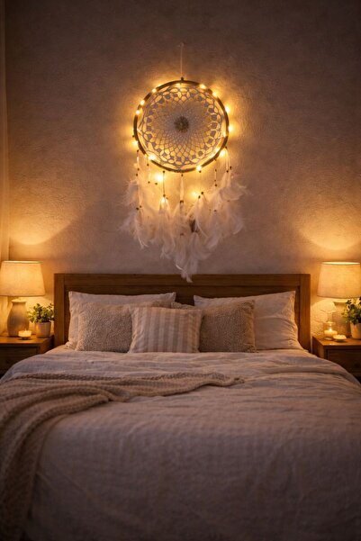 Hd Marketim Led Işıklı Düş Kapanı Dreamcatcher Beyaz Kuş Tüyü Rüya Kapanı Duv...