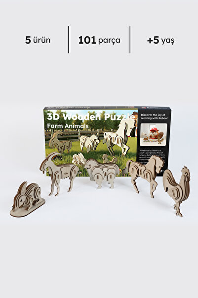 Reboo 5'li 3D Ahşap Puzzle Çiftlik Hayvanları Boyama Seti Hediyeli Eğitici Oy...