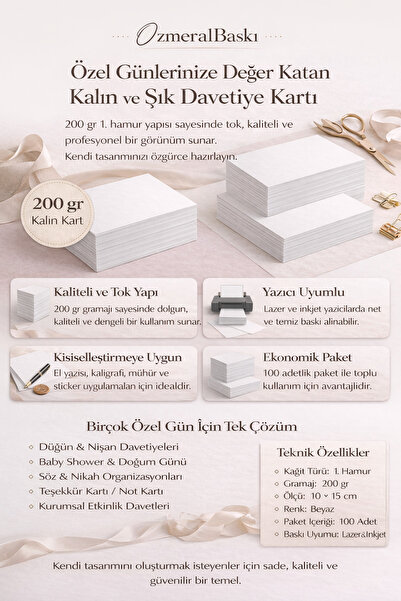 OzmeralBaskı 1.hamur Kalın 10x14,5 cm Boş Davetiye Tebrik Kartı 200 gr 100 Adet