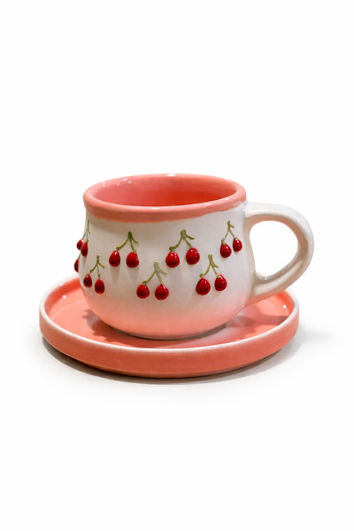 Zühre El İşlemeli Kiraz Desen Beyaz Pudra Kazan Kupa 250ml