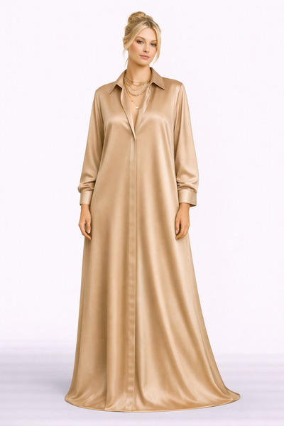 MERT ERKAN فستان قميص طويل من الساتان ذو فتحة مخفية وشكل حرف A