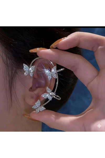 Aksesdunya Kelebek Figürlü Gümüş Renk Deliksiz Tam Kulak Earcuff Taşlı Kıkırd...