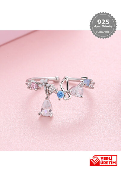 ineffable store tarif edilemez Çiçekli Renkli Taşlı Ayarlanabilir 925 Ayar Gü...