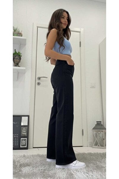 Trn JNS Marisa Stretch Fabric Loose Women's Black Super High Waist Wide-Leg D...