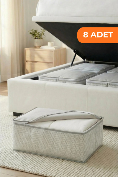 EVSELLA 8’li Beyaz Geometrik Çizgili Baza Altı Çekyat Hurç Organizer 60×40×22 cm