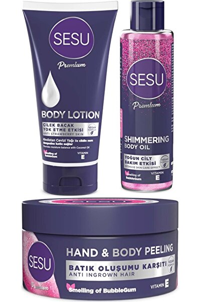 Sesu Vücut Losyonu 175ML/Vücut Peelingi 250ML/Simli Cilt Bakım Yağı 150ML Kar...
