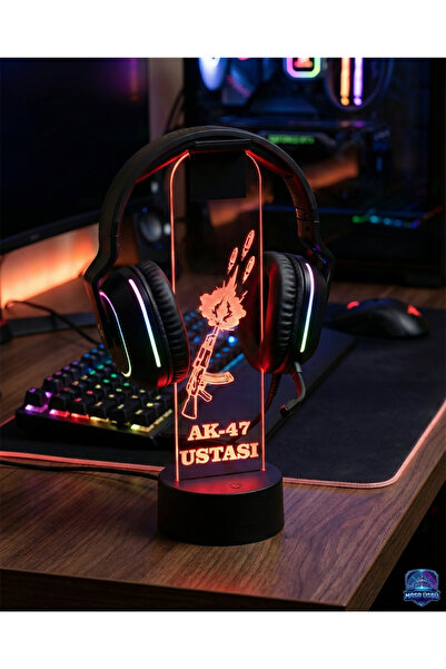 dekarasyon AK-47 Tasarımlı RGB Led Işıklı Oyuncu Kulaklık Standı Dekoratif Ma...