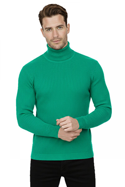 DeepSEA Men's Green Thin Rib Full-Top Turtleneck Non-Pilling Knitwear Sweater...