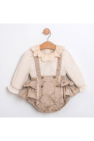 ministok Rosana Baby Girl Floral Patterned Ruffle Salopet Set - with Long Sle...