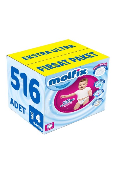 Molfix Külot Bebek Bezi Beden:4 (9-14Kg) Maxi 516 Adet Ekstra Ultra Fırsat Pk