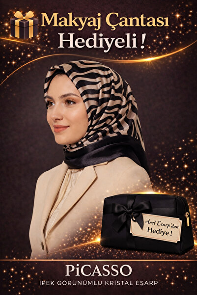 Picasso İpek Görünümlü Siyah - Bej Zebra Desen Kristal Eşarp - 90x90