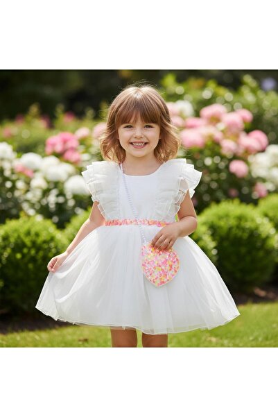 ministok فستان أبيض مزين بالترتر مع فيونكة على الظهر