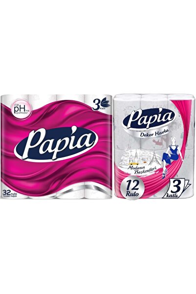 Papia Tuvalet Kağıdı (3 Katlı) 32 Li Pk + 12 Li Paket Kağıt Havlu Decor Desen...