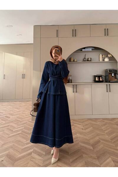 Molly Nelly Kadın Belden Oturtmalı Lacivert Kot Etekli Takım