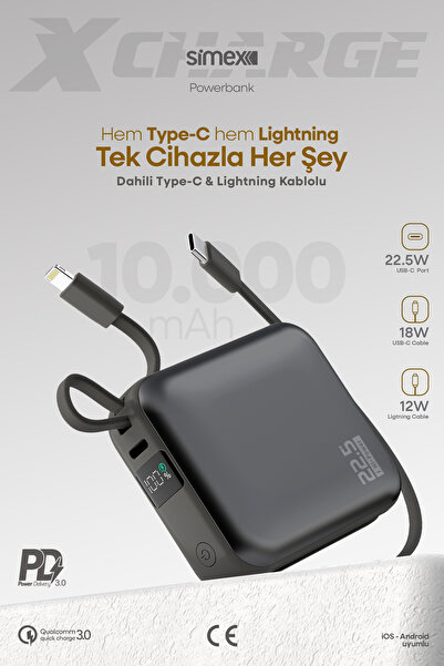 Simex 10.000 mAh 22,5W/PD Hızlı Şarj Kendinden Kablolu ve Şarj Göstergeli Taş...