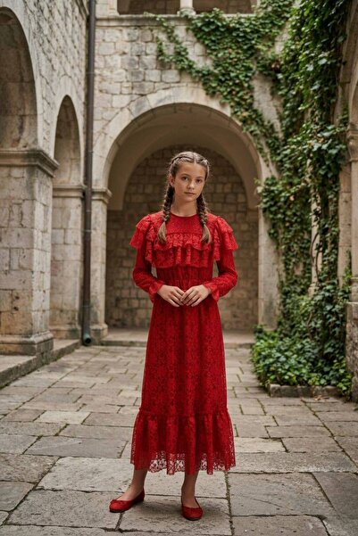 HÇ Hülya Çelik KİDSWEAR 2018 Rochie pentru fetiță din dantelă roșie cu mâneci...