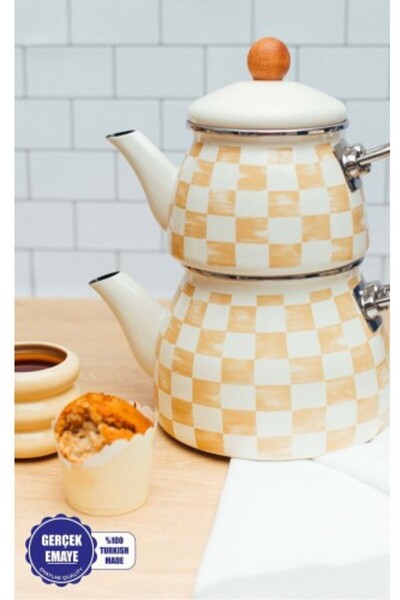 EMAYlab Beige Dama Desenli Emaye Çaydanlık (TÜM OCAKLARA UYGUN)