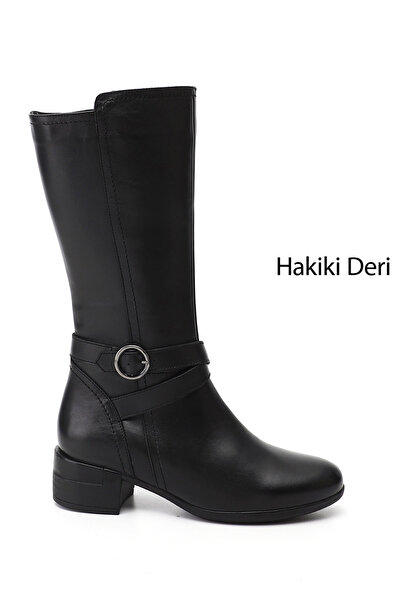 GÖNDERİ(R) Kadın Siyah Fermuarlı Kalın Topuklu Hakiki Deri Çizme
