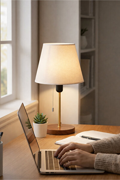 HOMİNG Sera Ahşap Ayaklı Krem Kumaş Başlıklı Abajur-zincirden Açma Kapamalı-a...