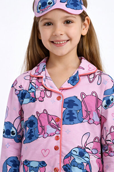 pistyle Kız Çocuk Stitch Desenli Uyku Bantlı Pembe Mor Uzun Kollu Pijama Takımı