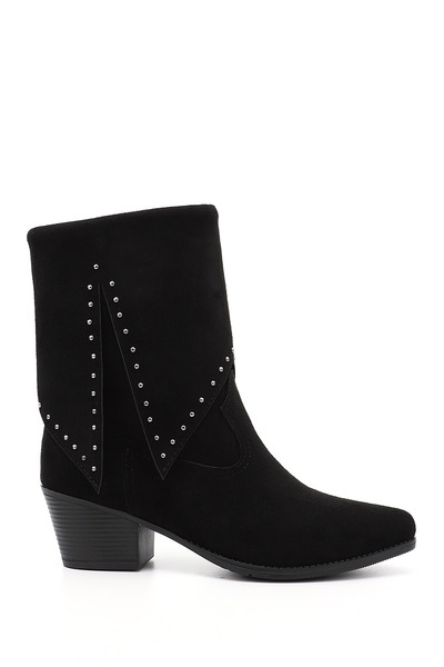 GÖNDERİ(R) Kadın Siyah Süet Sivri Burun Kalın Topuklu Kovboy Çizme