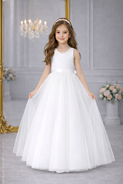 SUNEH Kız Çocuk Yaka İnci Detaylı Beyaz Balo Doğum Günü Mezuniyet Parti Abiye...