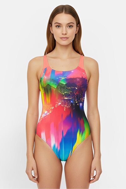 SPEEDO ملابس سباحة نسائية متعددة الألوان بتصميم رقمي داعم للظهر