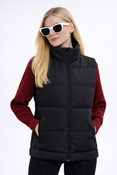 freemen Vestă neagră pentru femei, Nova Fabric, cu guler înalt, căptușită, re...