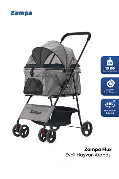 Zampa Flux Kedi & Köpek Arabası Gri - 15 kg Taşıma Kapasiteli Ergonomik Puset