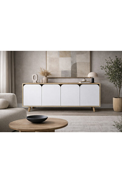VM VERTEX MOBİLYA Lazio Bohem Ahşap Ayaklı Modern Konsol 180 Cm Safir Meşe-Beyaz